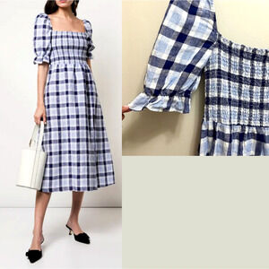 Reformation S Marabella 100% Linen Midi Dress Puff Sleeve Gingham Blue Plaid 4 6